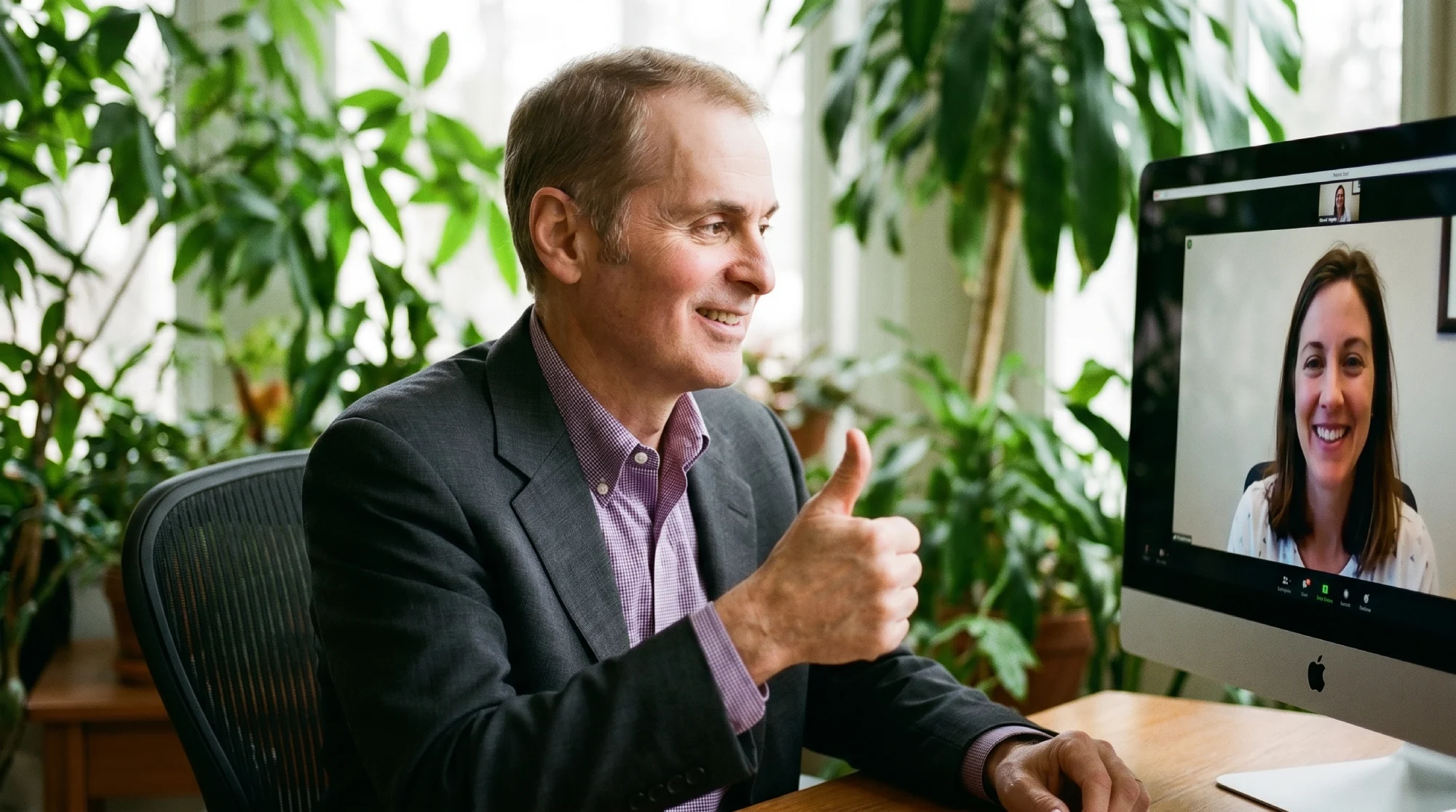 Professional man giving a thumbs-up during a video call.