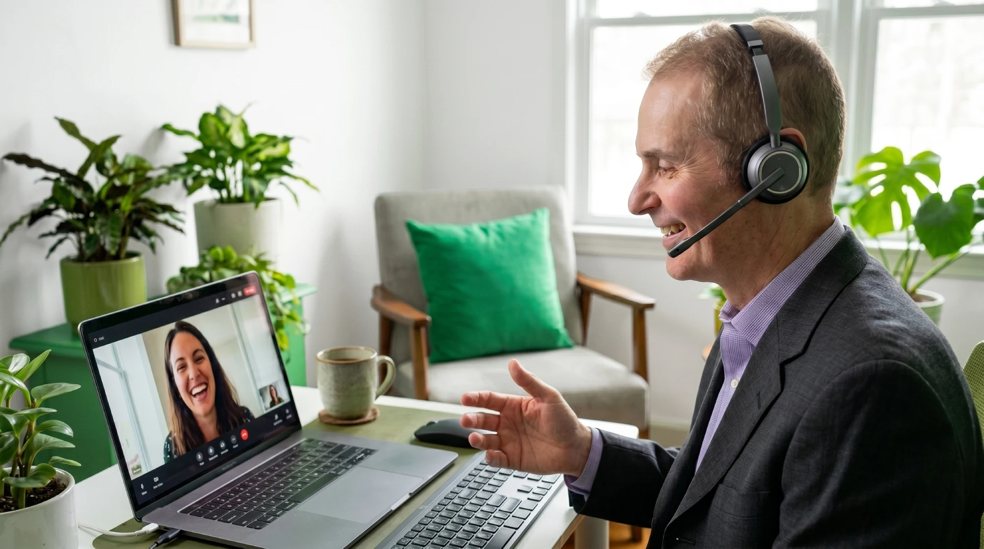 Professional man in a headset during a remote video call.