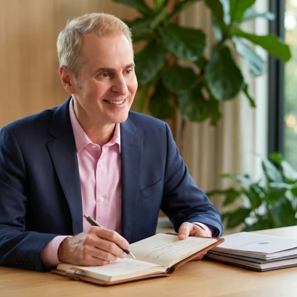 Dr. Gilbert Chalepas, wearing a suit and smiling, writes notes during a relationship counseling session with a female patient.